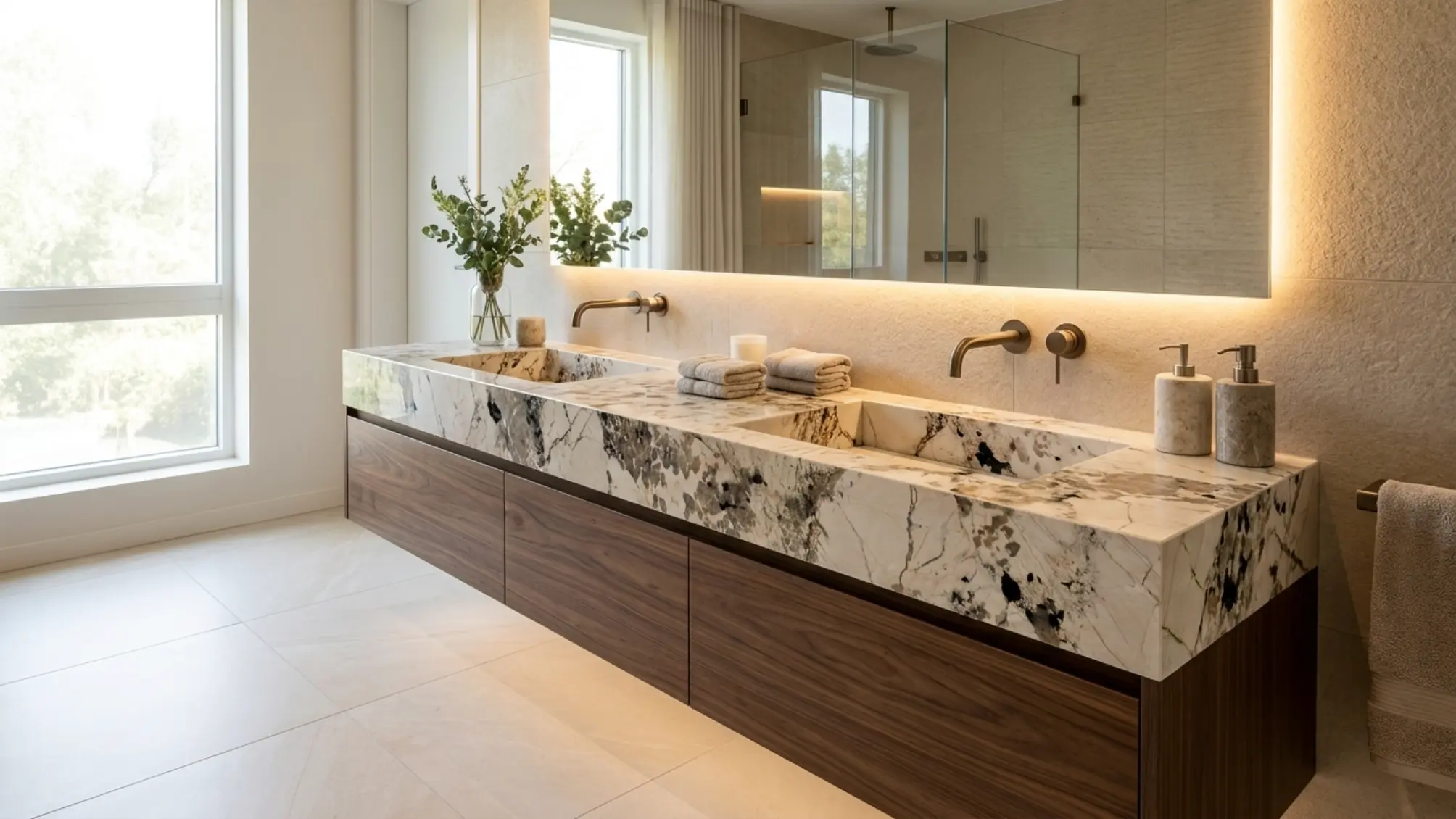 Double vanity composition application with Patagonia Granite