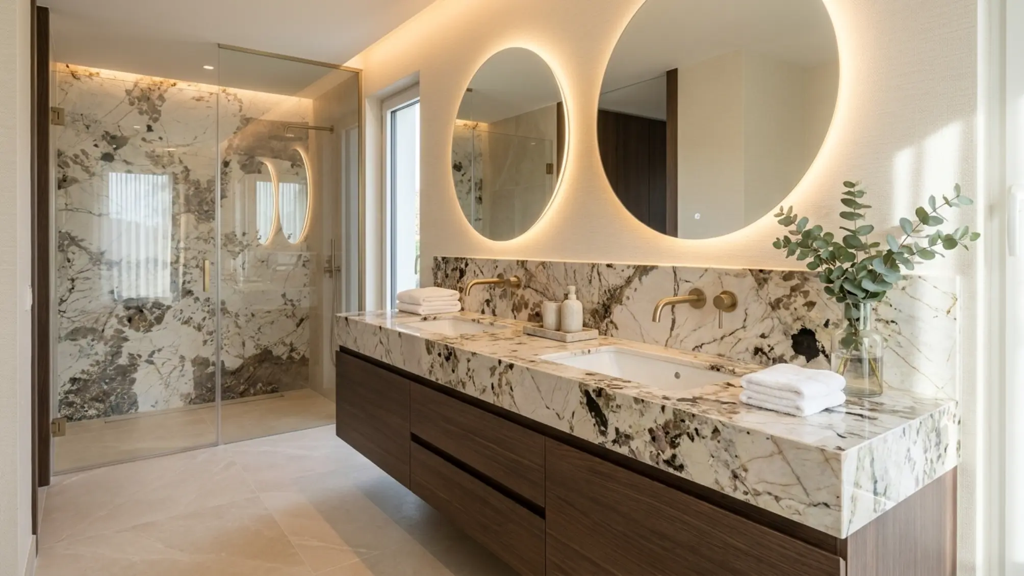 Bookmatched double vanity application with Patagonia Granite