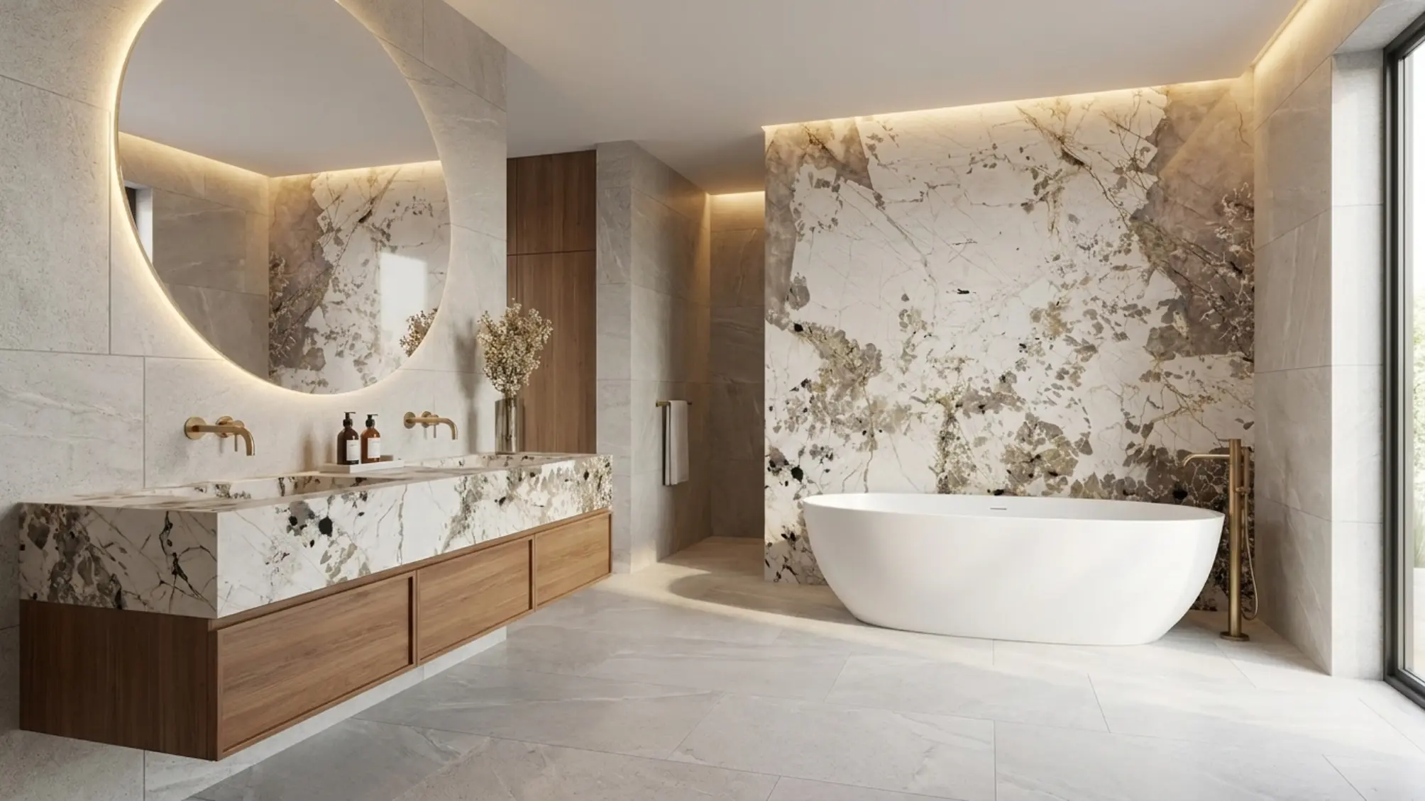 Vanity and feature wall application with Patagonia Granite