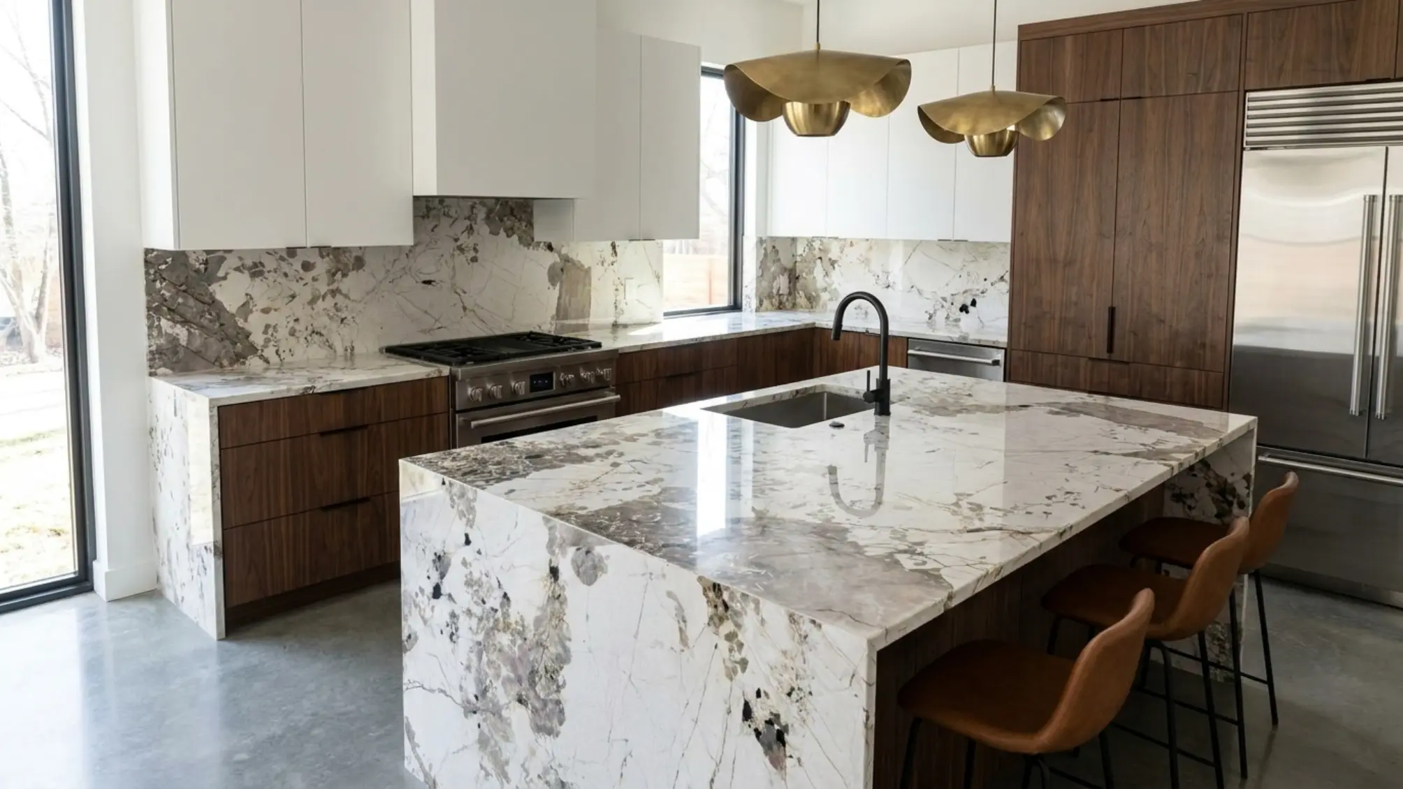 Sculptural kitchen island made with Patagonia Granite