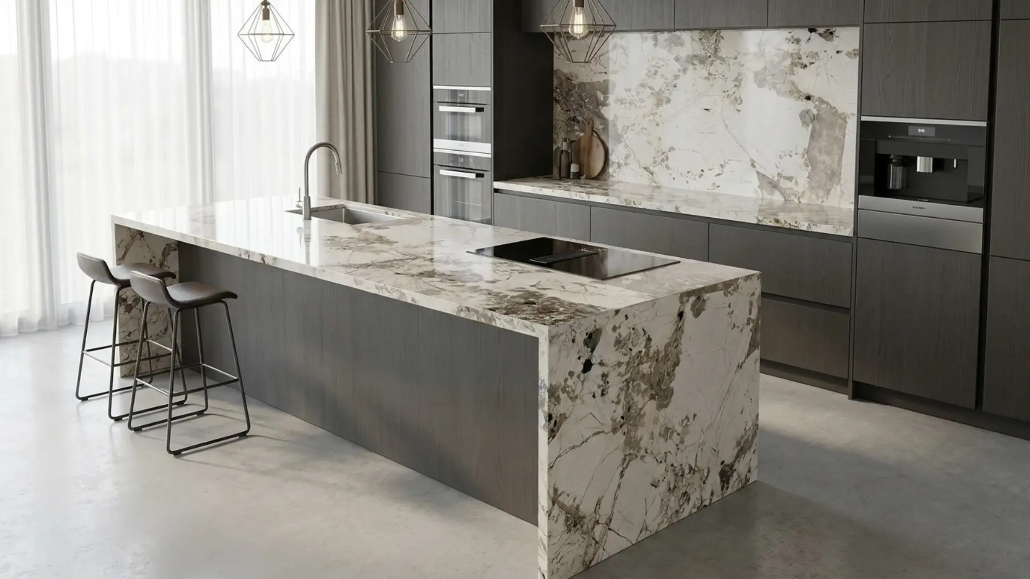 Waterfall kitchen island made with Patagonia Granite