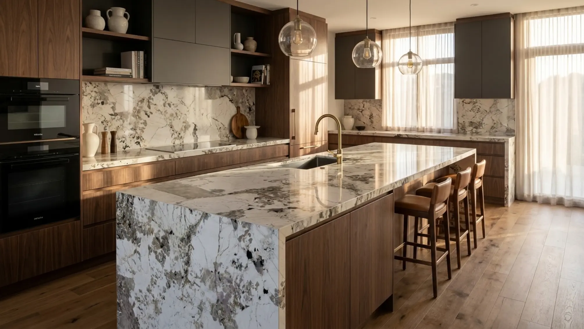 Contemporary kitchen centerpiece made with Patagonia Granite