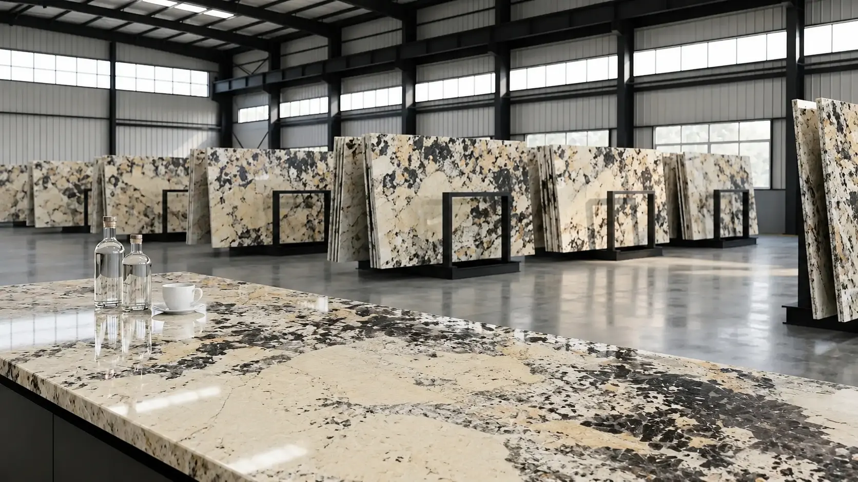 Patagonia Granite slabs displayed in TM Stone factory