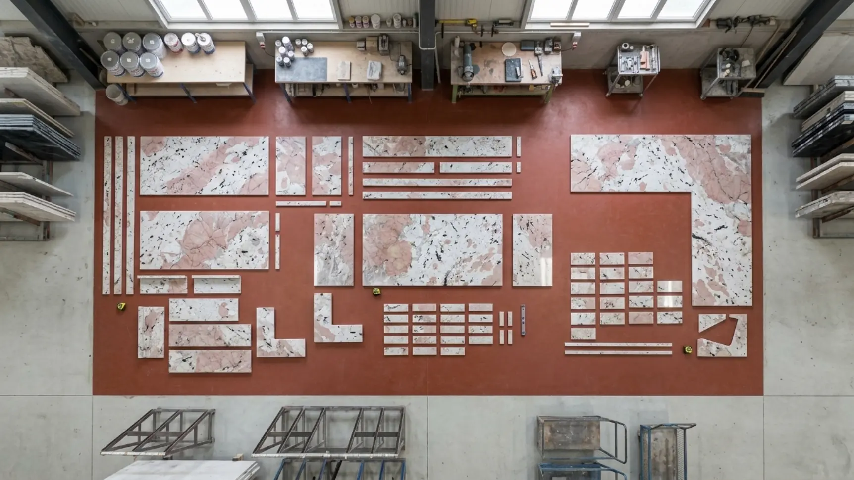 Dry layout of cut-to-size Patagonia Granite project pieces