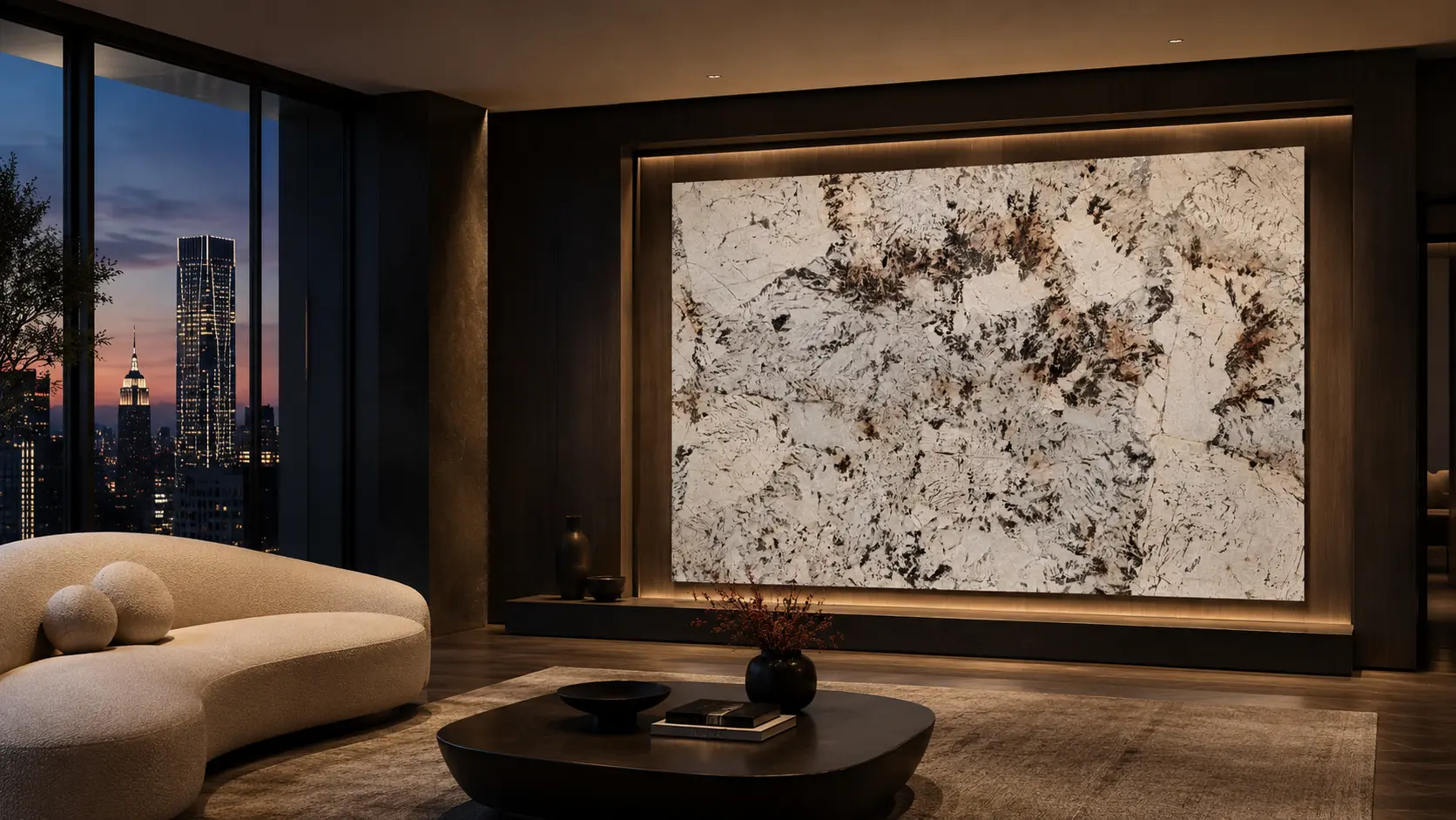 Backlit Patagonia Granite feature wall in a contemporary interior