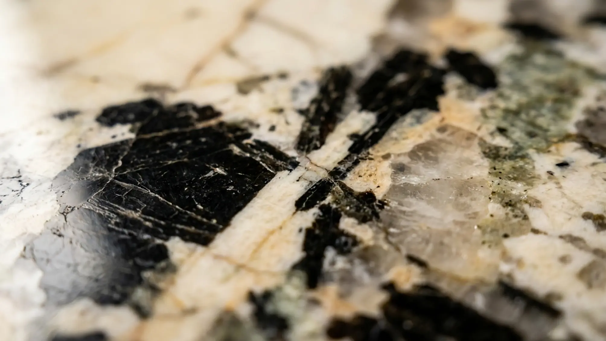 Close view of large quartz and feldspar crystals in Patagonia Granite
