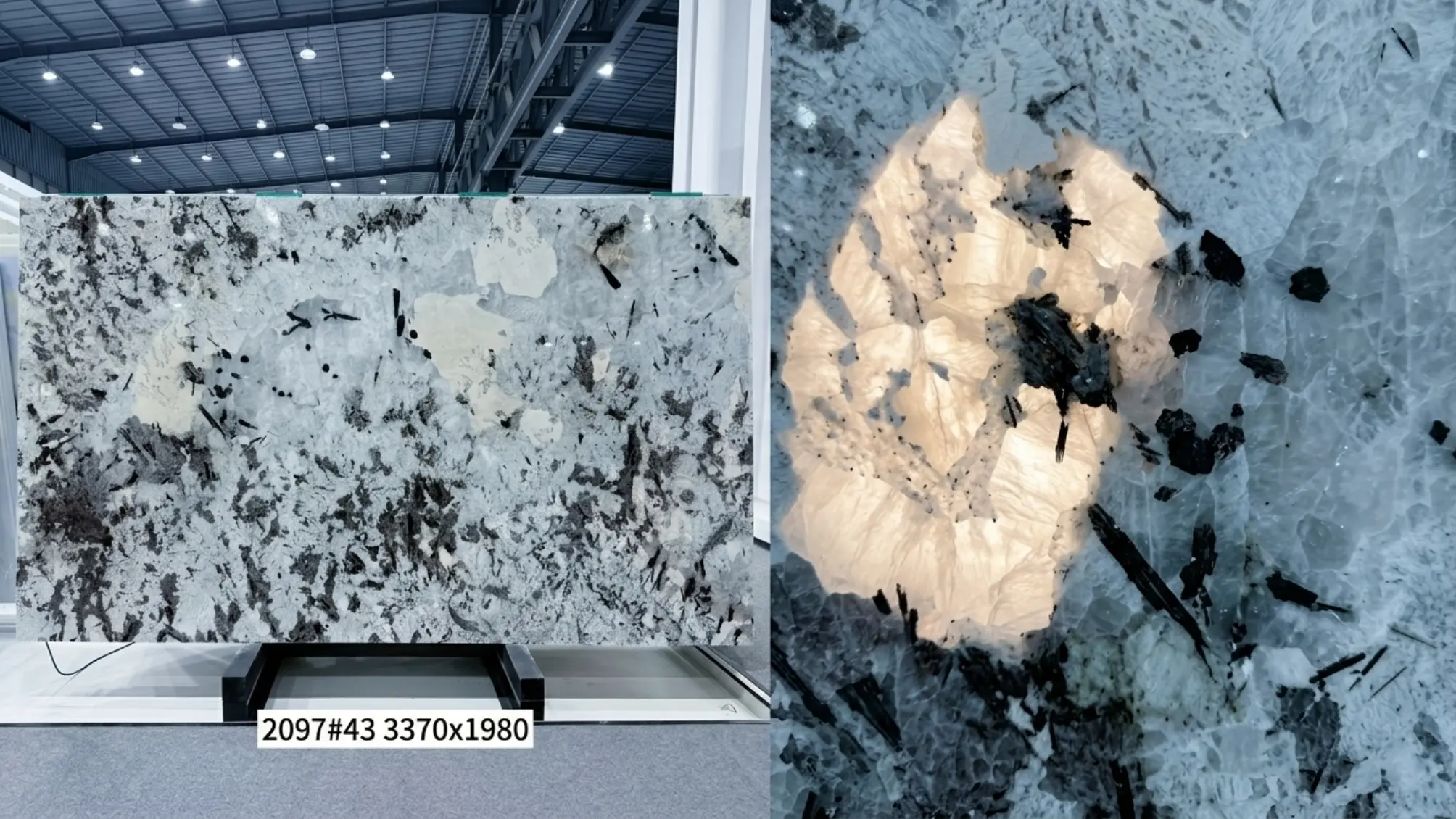Patagonia Blue Granite slab with cool grey quartz and dark mineral movement