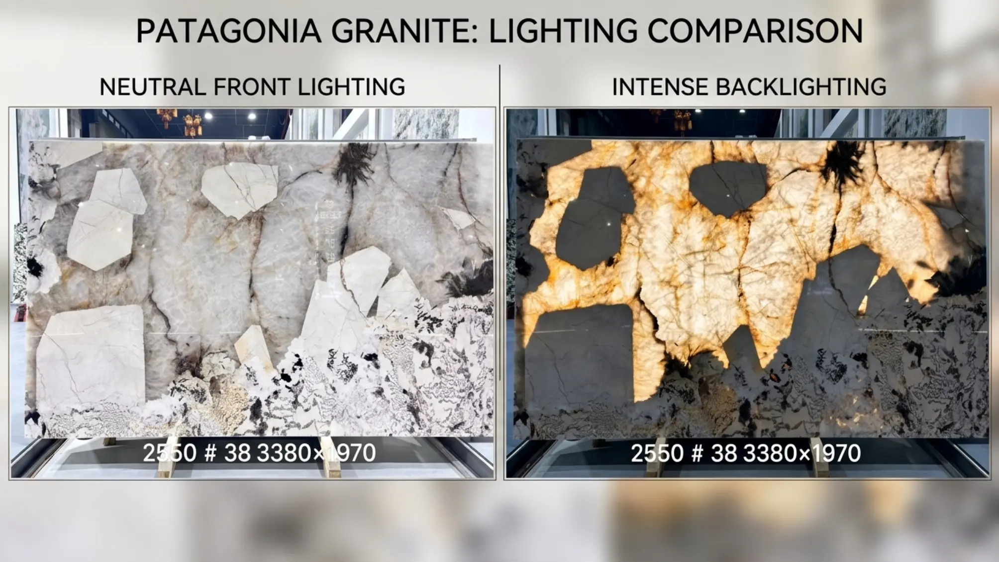 Patagonia Granite slab shown with front lighting and backlighting