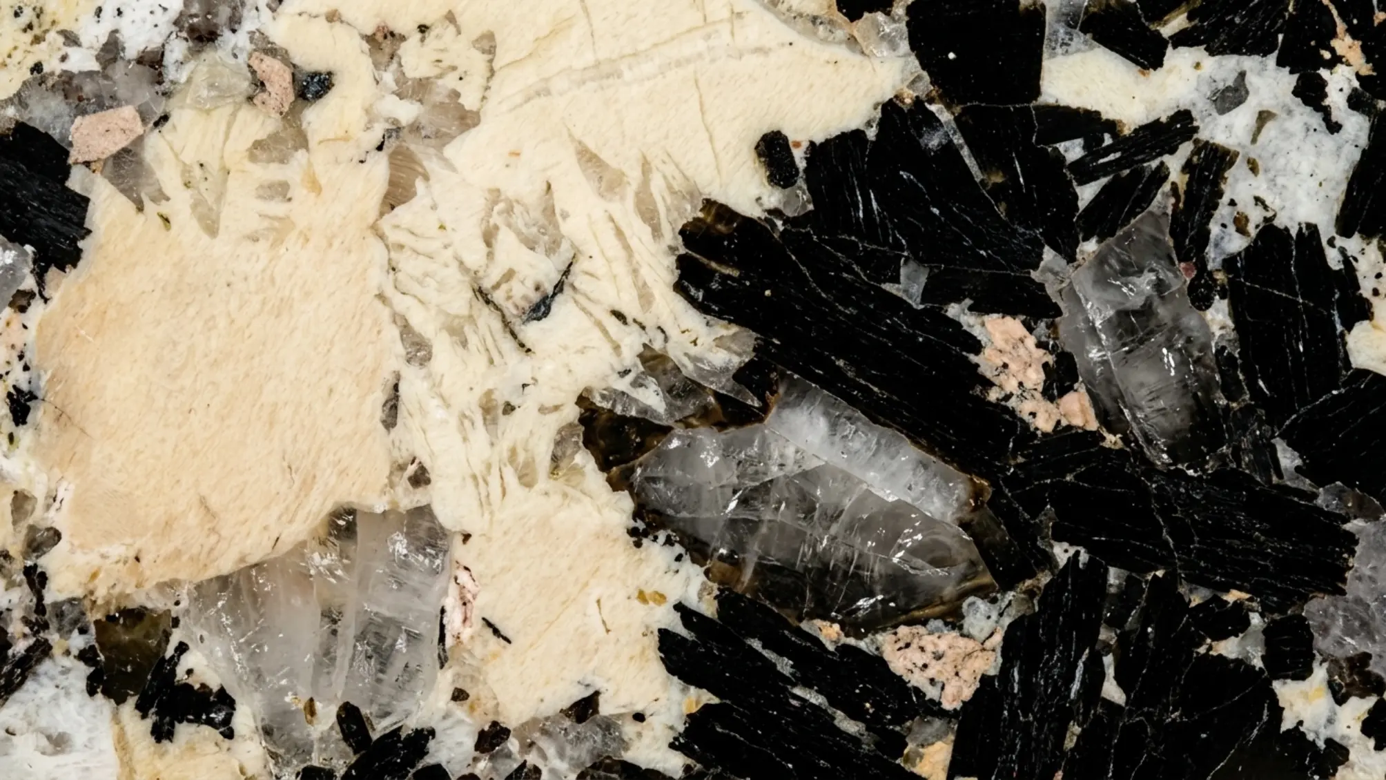 Close-up of quartz, feldspar and dark crystals in Patagonia Granite
