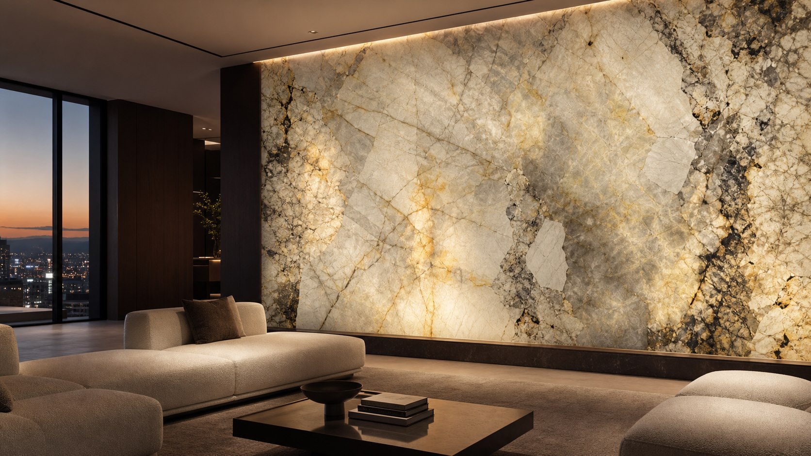 Concept visualization of a backlit Patagonia stone feature wall